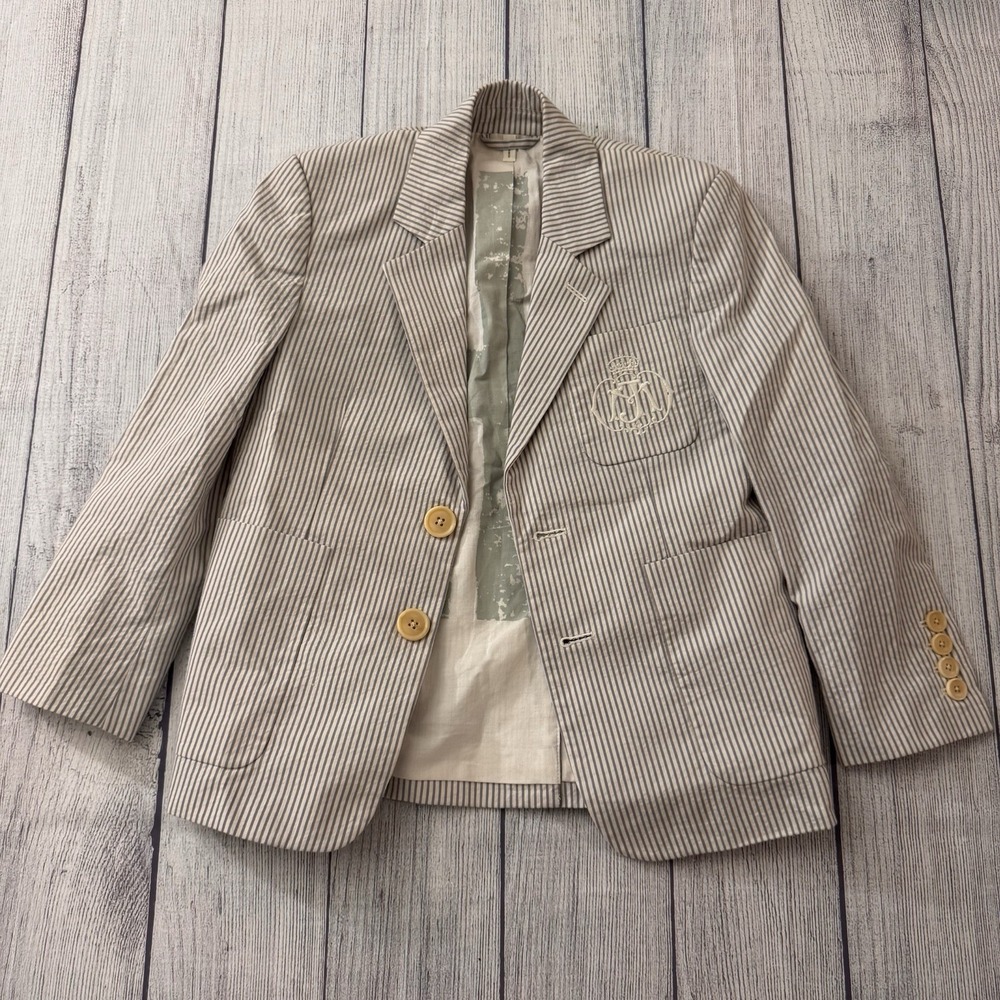 Juicy Couture Girls Striped Blazer Jacket Size 7 Tan Cream Embroidered Crest